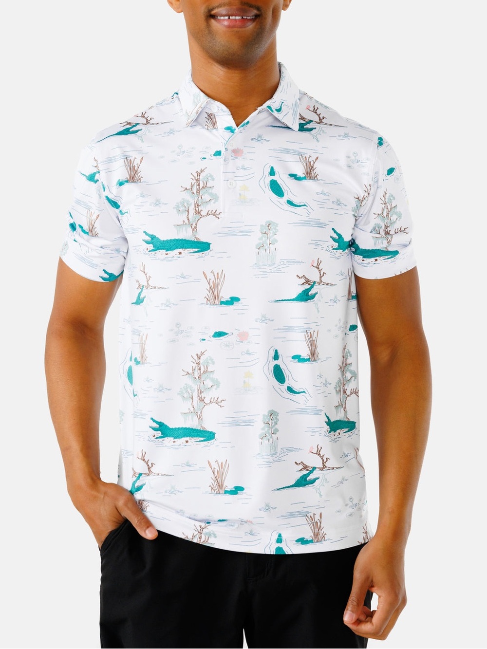 Men's White Polo with Teal Coastal Motif